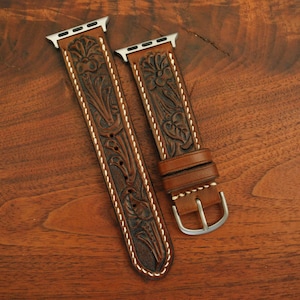 Hand Tooled Western Leather Apple Watch Strap, Brown