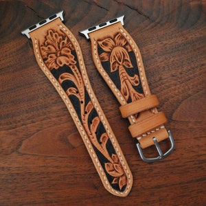 Hand Tooled Leather Apple Watch Strap, Natural and Black