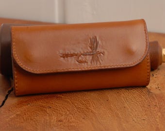 Hand Tooled Fly Fishing Fly Wallet, Light Brown