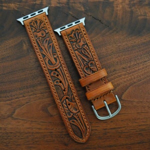 Hand Tooled Western Leather Apple Watch Strap, Saddle Tan