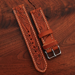 Hand Tooled Western Leather Watch Strap, Tan
