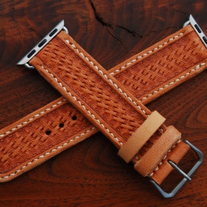 Hand Tooled Basketweave Leather Apple Watch Strap, Natural