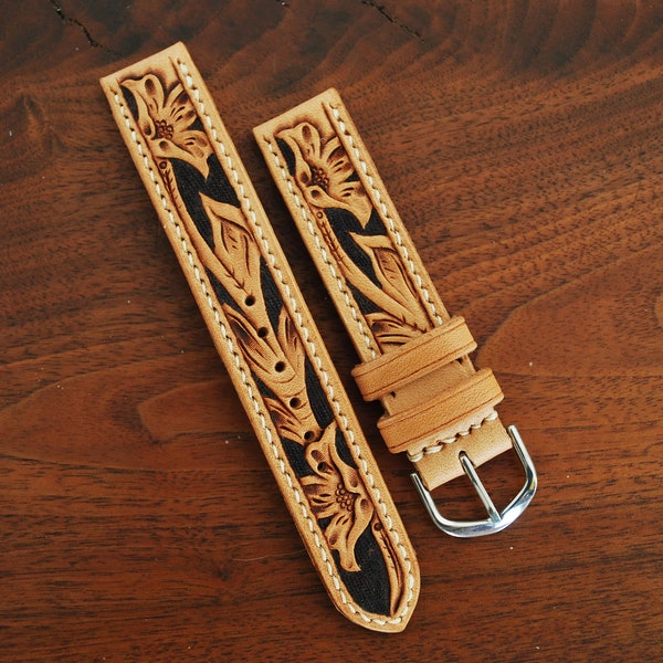 Hand Tooled Western Leather Watch Strap, Natural and Black