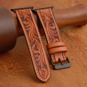 Hand Tooled Western Leather Apple Watch Strap, Tan and Black