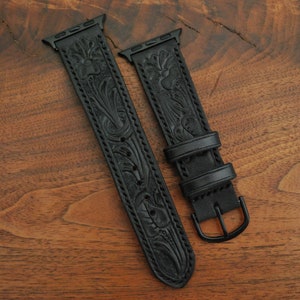 Hand Tooled Western Leather Apple Watch Strap, Black