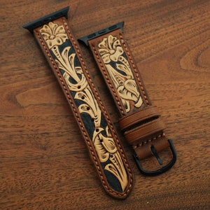 Hand Tooled Western Leather Apple Watch Strap, Golden Brown and Natural