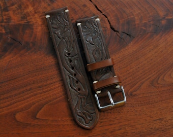 Hand Tooled Leather Watch Strap, Brown