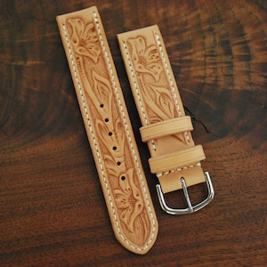 Hand Tooled Western Leather Watch Strap, Natural