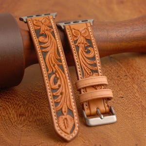Correa de cuero estilo western para Apple Watch, hecha a mano, en color natural y negro