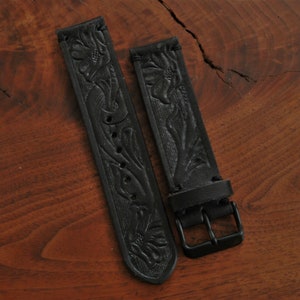 Hand Tooled Leather Watch Strap, Black