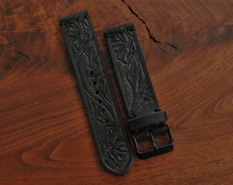 Hand Tooled Leather Watch Strap, Black