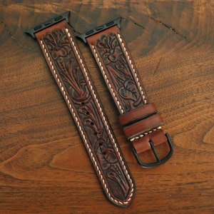 Hand Tooled Western Leather Apple Watch Strap, Oxblood