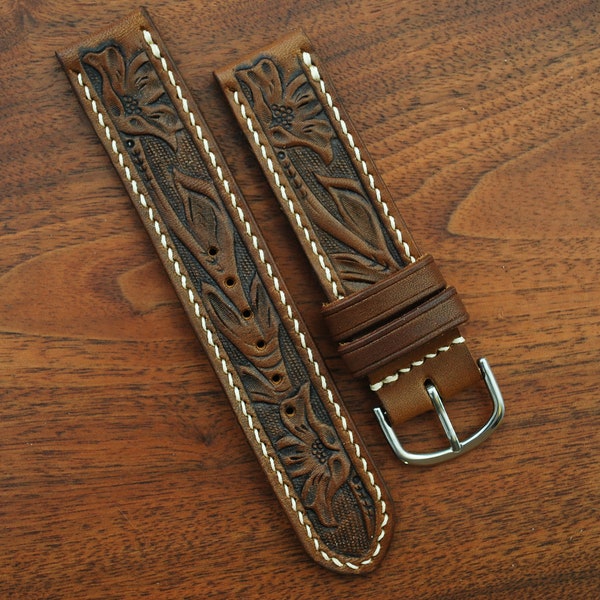 Hand Tooled Western Leather Watch Strap, Walnut