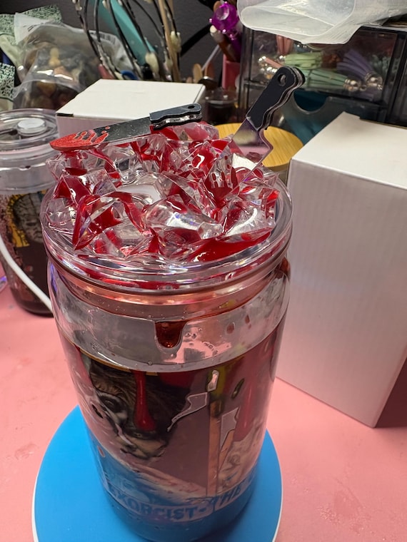 Horror Blood Drip Snowglobe Tumbler 16 oz | Horror Aesthetic Cup with Ice Blood & Knife Lid | Halloween Iced Coffee Tumbler | Custom Wrap