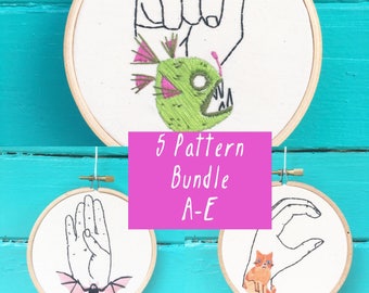 Hand Embroidery Patterns, Pattern Bundle, Sign Language A-E Patterns