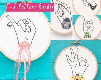 Hand Embroidery Patterns, Pattern Bundle, Sign Language F-J Patterns