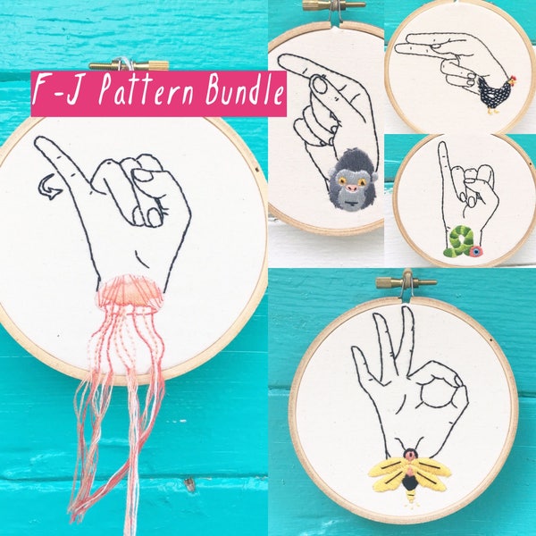 Hand Embroidery Patterns, Pattern Bundle, Sign Language F-J Patterns