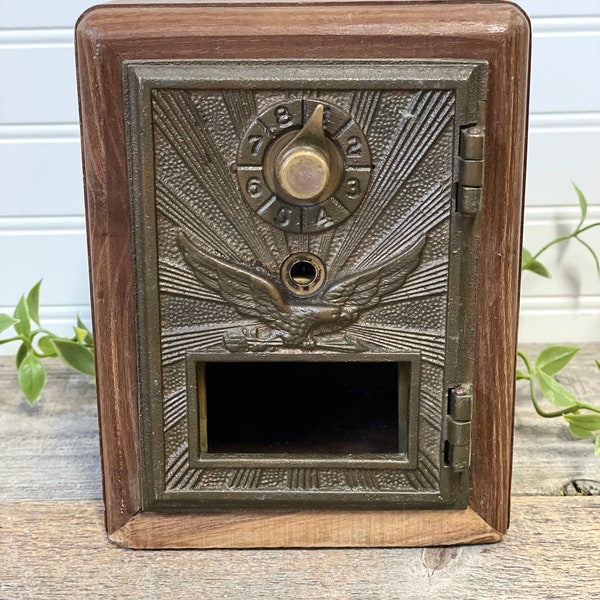 Vintage post office door piggy bank- old PO box door bank with Eagle- metal post office box door decor