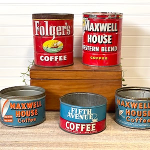 Vintage coffee cans- Vintage coffee tins- Folgers, Maxwell House, Fifth Avenue tins- decor- Sailing ship logo