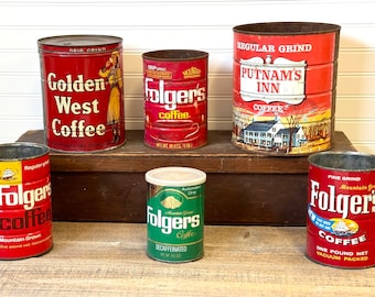 Vintage coffee cans- Vintage coffee tins- Golden West Coffee, Folgers, Putnam's Inn coffee tin decor- Cowgirl logo Sailing ship logo