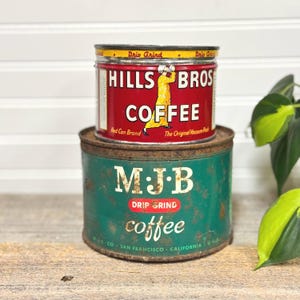Vintage coffee cans with lids- choice of coffee tins- half pound Hills Bros coffee tin- Rustic MJB coffee tin- coffee decor