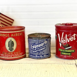 Vintage tobacco tins- Prince Albert Crimp Cut Tobacco Tin- Edgeworth Tobacco Tin, Velvet pipe and cigarette tobacco tin- decor tins