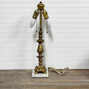 Vintage art nouveau metal 2 light tall table lamp- bronze / brass and marble lamp ornate lamp