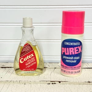 Vintage glass bottle of Purex nail polish remover- Concentrated Purex prewash stain remover- CHOICE- laundry room decor- movie & play props