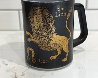 Vintage Zodiac Coffee Mug: Black & Gold Leo Lion - Federal Glass