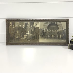 May include: A rectangular framed black and white photograph featuring two distinct scenes of military personnel. The left side shows a group of soldiers with a VFW sign, while the right side displays a larger formation of uniformed individuals.