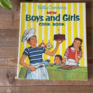 Betty Crocker&#39;s New Boys and Girls Cook Book yellow and white striped cookbook - hardback spiral- Vintage kids’ cookbook