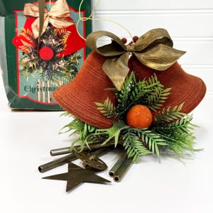Vintage hanging Christmas bell chimes- large red flocked jingle bell ornament windchimes- hanging Christmas bells made in Hong Kong 1973