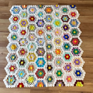 Vintage handmade Grandmother’s flower garden quilt top 74” x 67”- hand sewn hand stitched hexagon quilt top- wall decor or project piece
