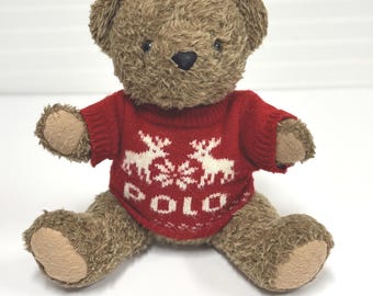 Vintage 1998 Ralph Lauren teddy bear plush with articulating legs- Red reindeer and snowflake sweater