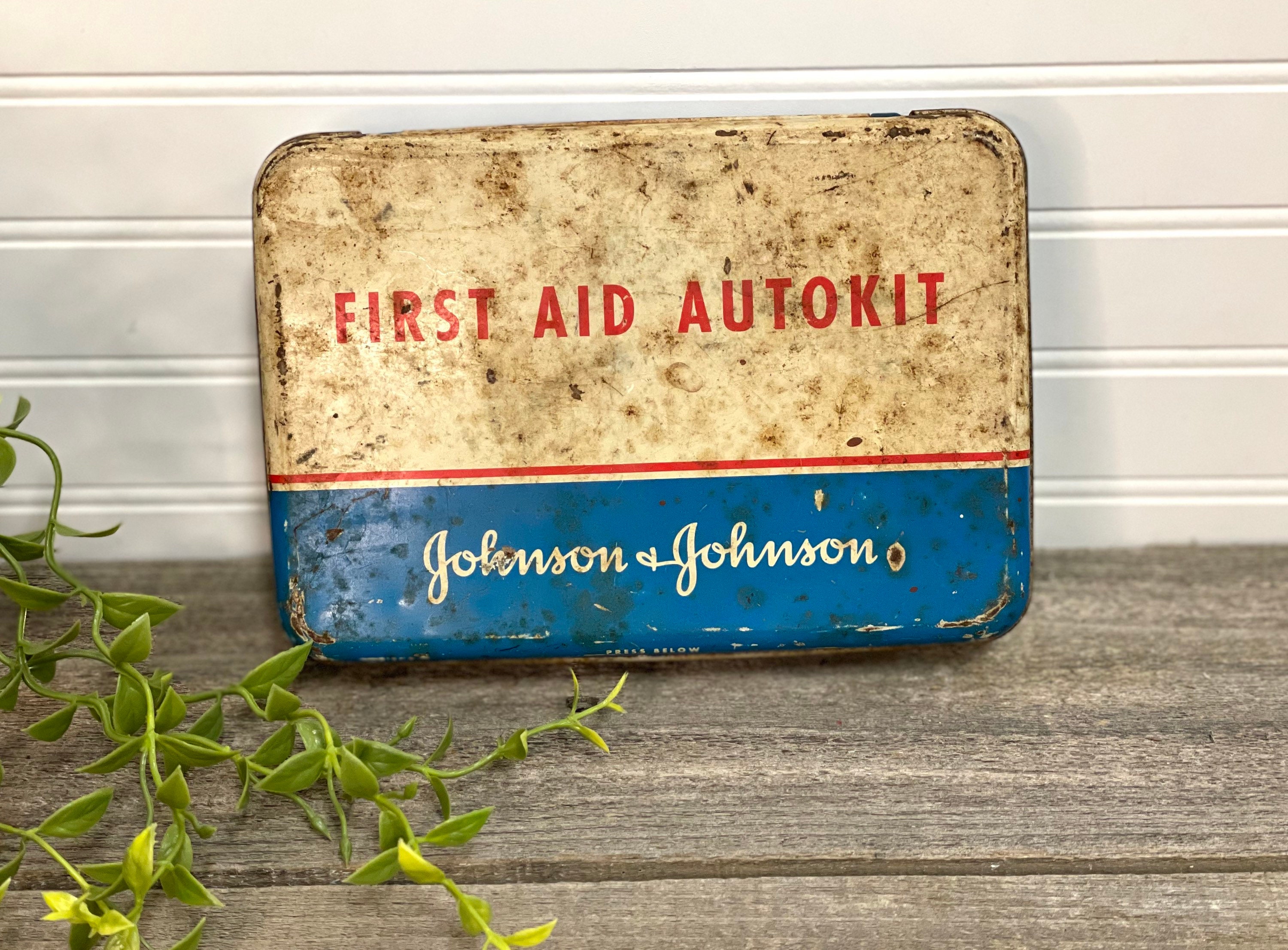 First Aid Kit, Johnson & Johnson Auto-travel, 1970's Metal Band Aid Box,  Gauze, Band Aids and More, Collectible Memorabilia 