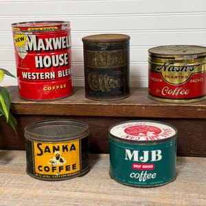 Vintage Coffee Tins CHOICE: Maxwell House, MJB, Nash's, Sanka - Rustic Kitchen Decor