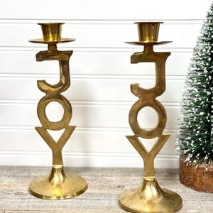Brass Joy Christmas candlestick set- matching brass candlesticks- vintage brass candlesticks for Christmas