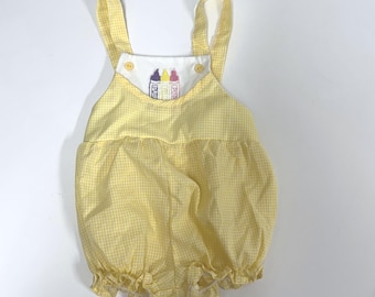 Vintage Yellow Gingham Crayon Embroidered Bubble Romper Sunsuit Size 3 month