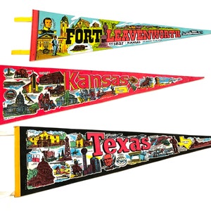 Vintage Travel pennants- Texas, Kansas, Fort Leavenworth- Choice of vintage pennants- vintage felt pennants