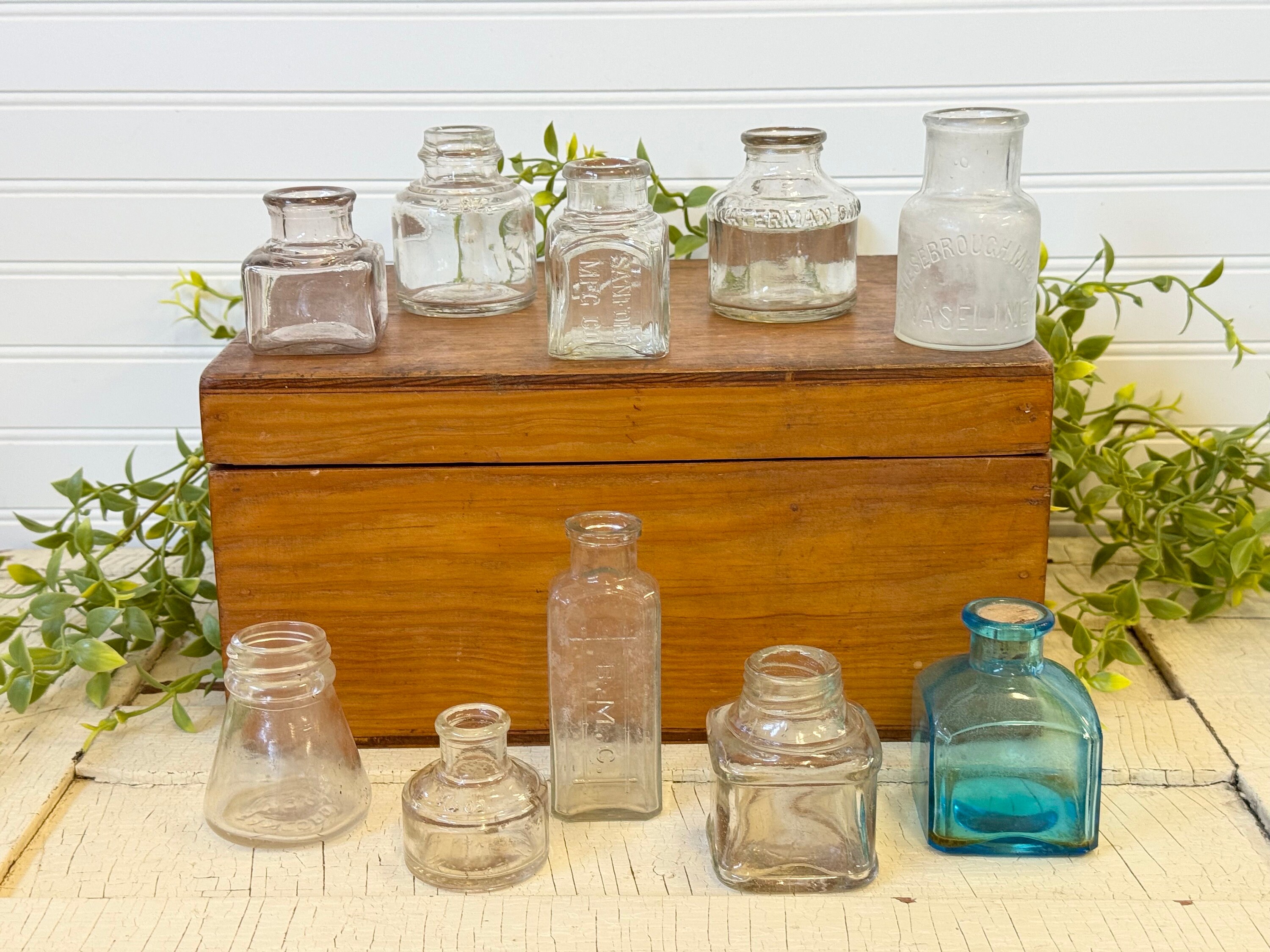Vintage ink jars & apothecary jars- vintage glass inkwell bottle collection- square ink jar- colored ink jars- tiny old medicine jars