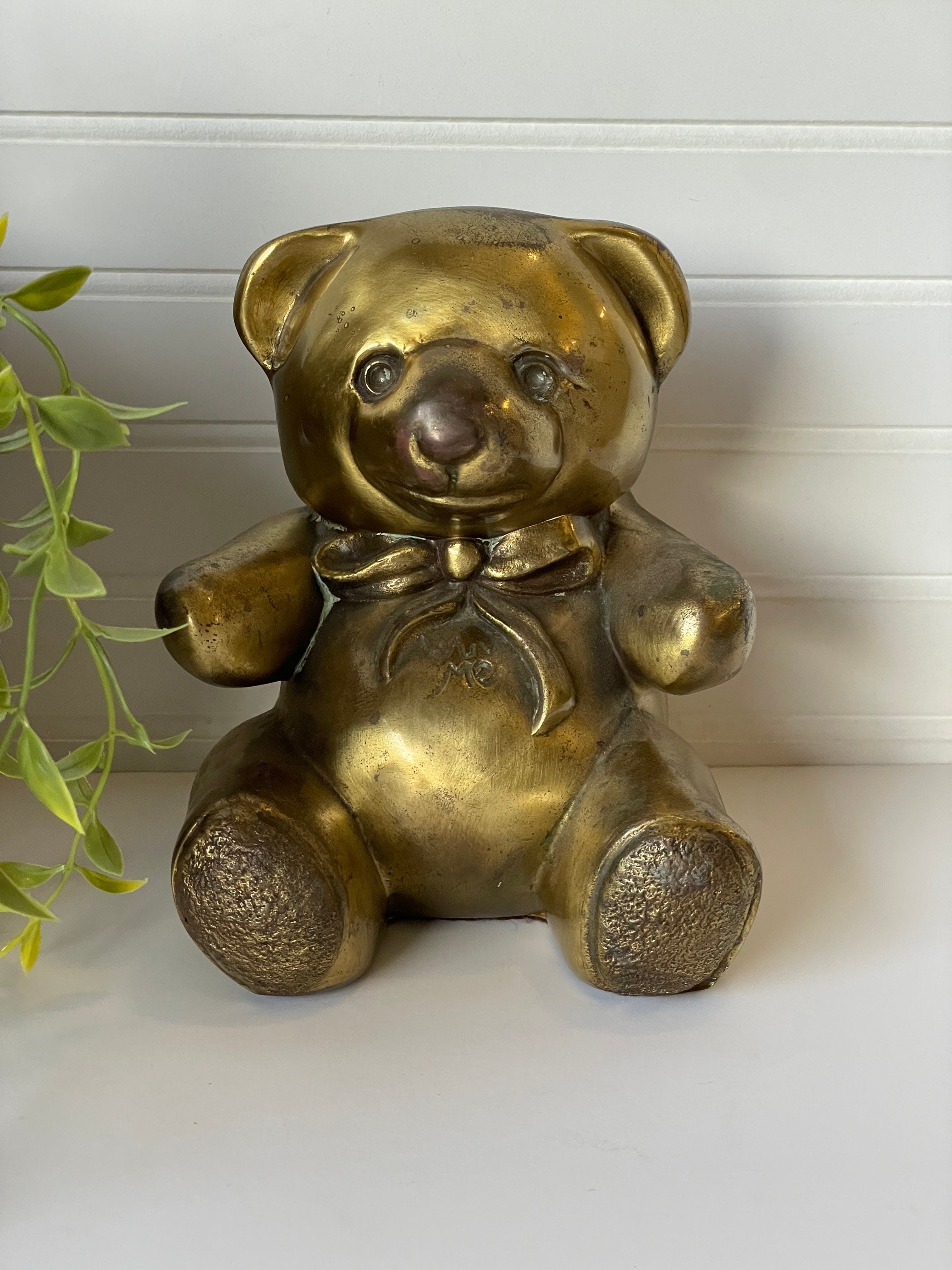 Small Vintage Brass Teddy Bear Figurine, Library Study Decor, Cottage Chic,  Bedroom Shelf Accent