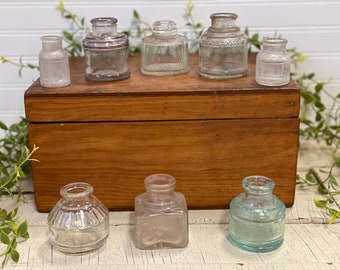 Vintage ink jars and apothecary jars- vintage glass inkwell bottles- square ink jar- colored ink jars- ink bottle collection- tiny jars