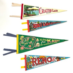 Vintage travel pennants- Crater lake Oregon, Salt Lake City Utah, Kauai Hawaii, Reno Nevada- Choice of pennants- vintage felt pennants