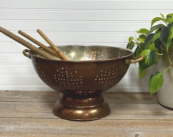 Vintage Copper Colander Strainer with Brass Handles