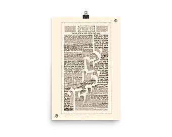 May include: A black and white print of Hebrew text with a tree design. The text is in a traditional Hebrew font and the tree is made up of the letters of the text. The print is on a cream-colored background.
