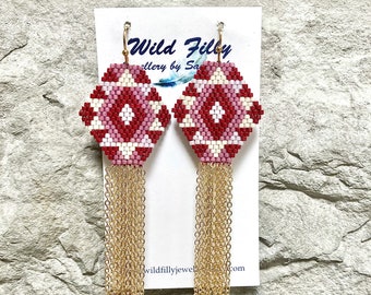 Beaded Fringe Earrings/ tassel seed bead Delica chain earrings/ diamond gold red cream statement boho earrings