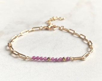 July Ruby Gemstone Bar Bracelet/Birthstone Jewelry/ Gifts for Her/ Gold Plated  Jewellery/Faceted red pink Stones/ Paperclip Chain