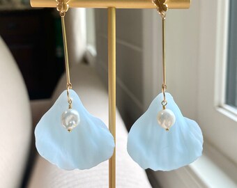 Blue Petal & Pearl Earrings/ translucent floral dangle jewellery/ bridal wedding jewelry/ dainty gold CZ butterfly/ gifts for her