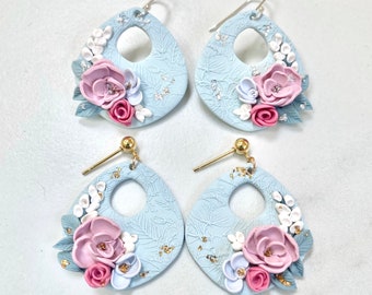 Floral Polymer Clay Earrings/ Flower Jewelry/ Handmade petal leaf Dangle Drop Jewellery/ Gifts for Her/ pink white turquoise gold silver