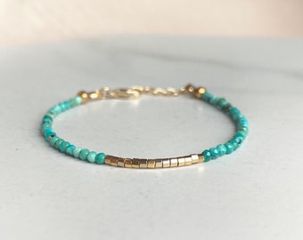 Turquoise Gemstone Bar Bracelet/Birthstone Jewelry/ Gifts for Her/ Gold Blue Green Jewellery/Gold Seed Beads/ Dainty Delicate Minimalist
